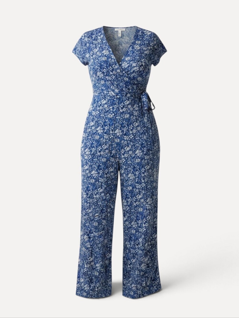 Gilli 1X Blue White Floral Wide Leg Jumpsuit Faux Wrap Tie Waist Pocket